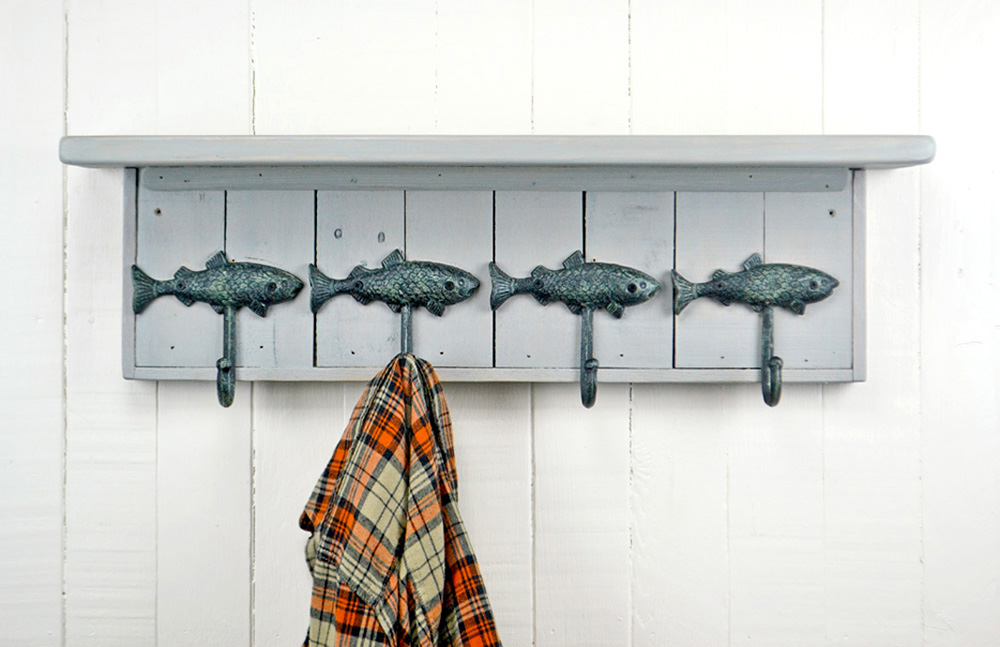 Coat Rack with Bass Fish Vintage Style Wooden Sign - Wall Decor