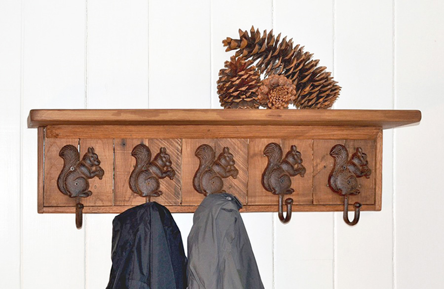 wall mounted coat rack with 5 cast iron squirrel coat hooks